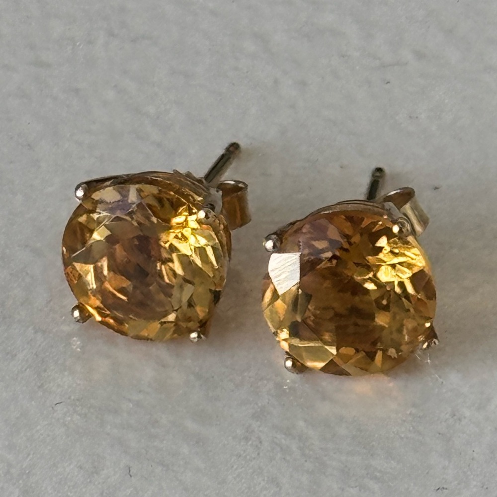 Genuine Citrine Large Studs Solid 14k Yellow Gold - image 1